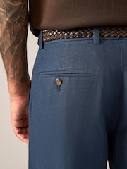 Navy Blue Regular Fit Smart Linen Cotton Blend Belted Trousers - Image 7 of 11