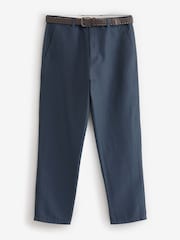 Navy Blue Regular Fit Smart Linen Cotton Blend Belted Trousers - Image 8 of 11