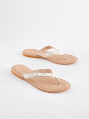 Cream Standard/Wide Fit Forever Comfort® Leather Embellished Toe Thong Sandals - Image 1 of 6