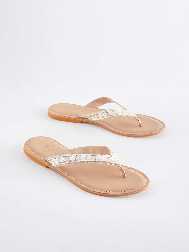 Cream Standard/Wide Fit Forever Comfort® Leather Embellished Toe Thong Sandals - Image 1 of 6