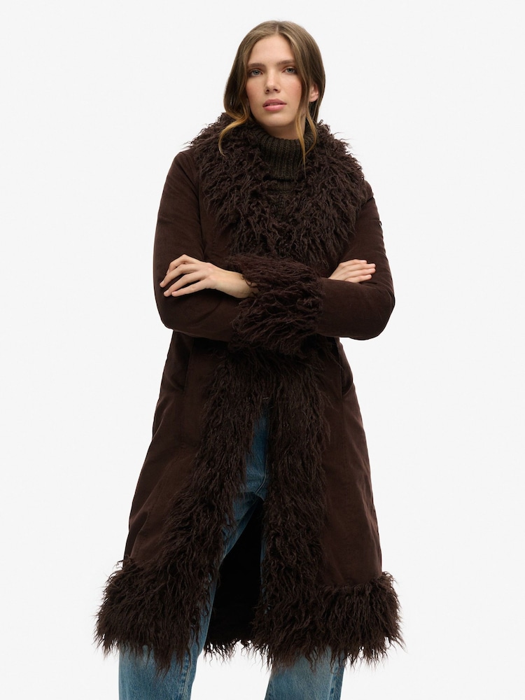 Superdry Brown Faux Fur Lined Longline Afghan Coat - Image 1 of 7