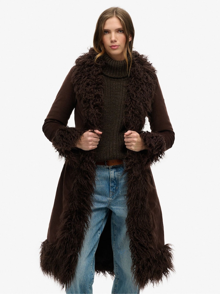 Superdry Brown Faux Fur Lined Longline Afghan Coat - Image 2 of 7