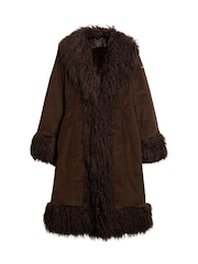Superdry Brown Faux Fur Lined Longline Afghan Coat - Image 5 of 7