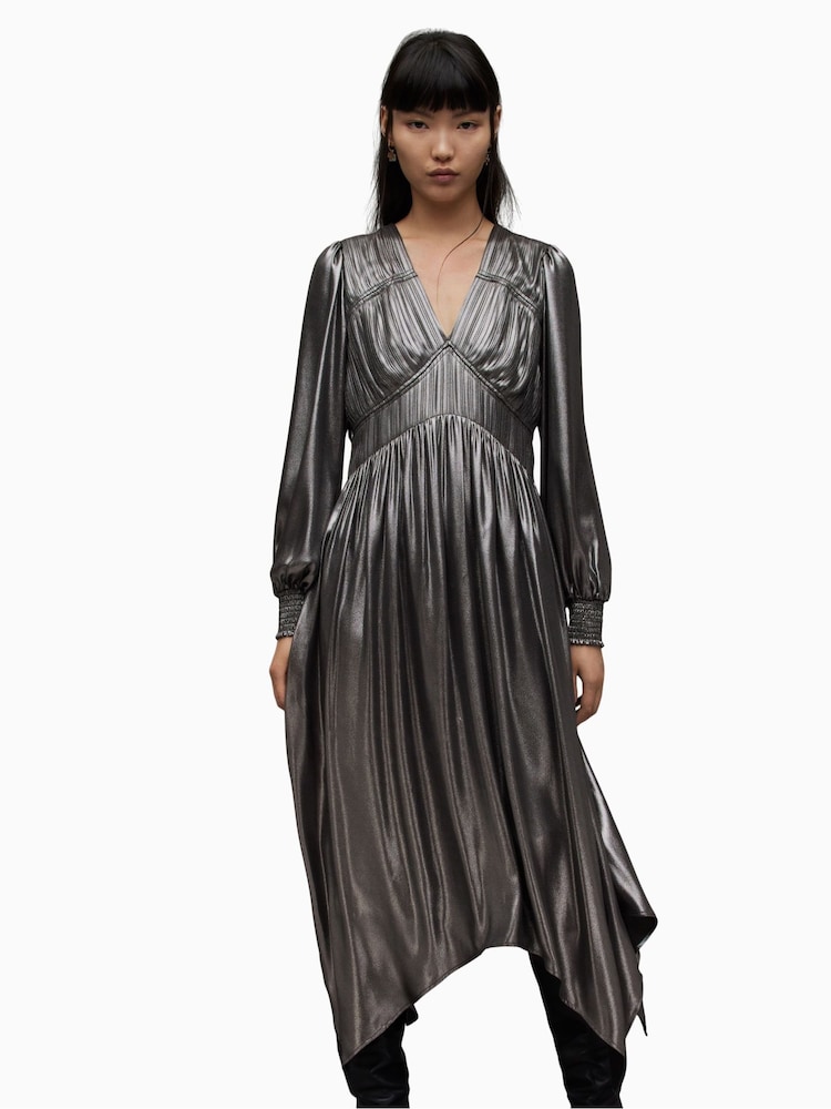 AllSaints Grey Estelle Metallic Dress - Image 1 of 7 AllSaints Grey Estelle Metallic Dress - Image 1 of 7