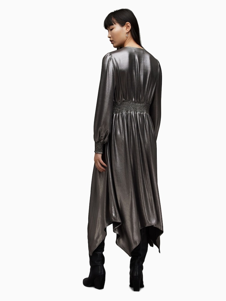 AllSaints Grey Estelle Metallic Dress - Image 2 of 7 AllSaints Grey Estelle Metallic Dress - Image 2 of 7
