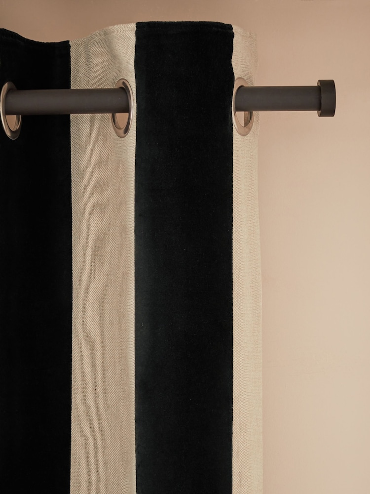 Black/White Stripe Linford Velvet Eyelet Lined Curtains - Image 5 of 5