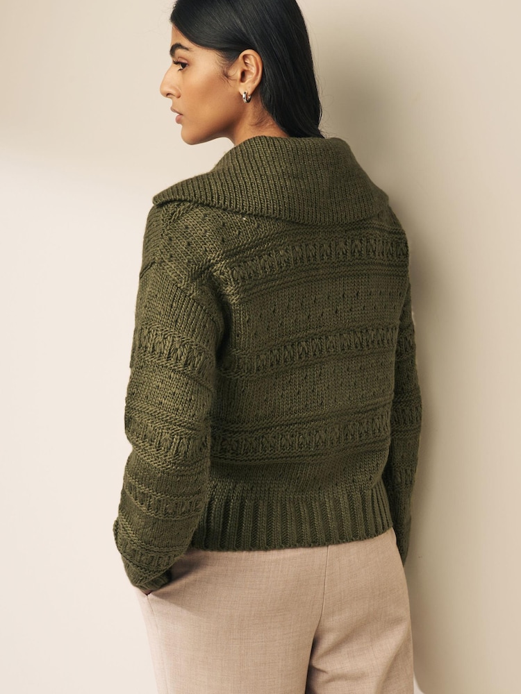 Khaki Green Stitchy Zip Up Cardigan - Image 3 of 6