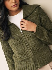 Khaki Green Stitchy Zip Up Cardigan - Image 4 of 6