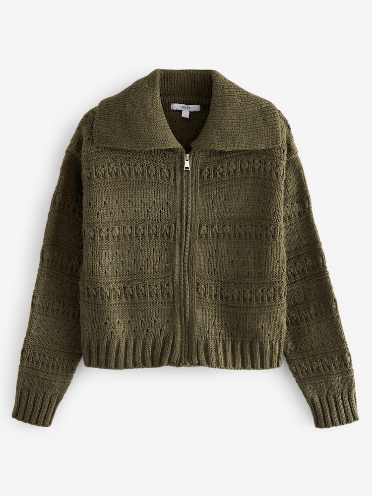 Khaki Green Stitchy Zip Up Cardigan - Image 5 of 6