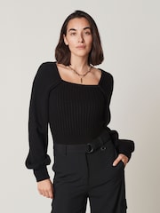 Negru - Pulover cu decolteu pătrat și mâneci volumetrice - Image 1 of 6