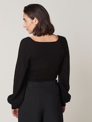 Negru - Pulover cu decolteu pătrat și mâneci volumetrice - Image 3 of 6