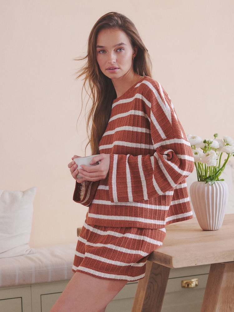 Rust Brown Stripe Crochet Short Set - Image 1 of 1 Rust Brown Stripe Crochet Short Set - Image 1 of 1