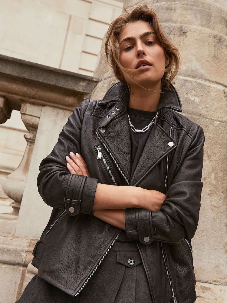 Mint Velvet Black Oversized Leather Jacket - Image 1 of 4