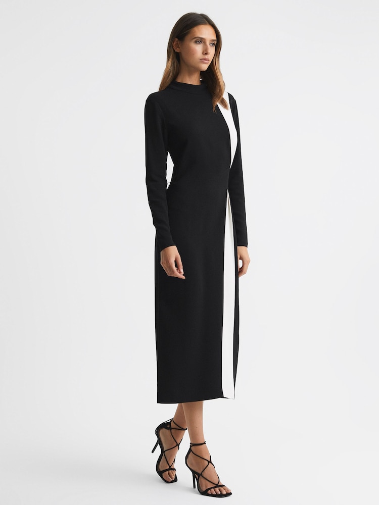 Reiss Black/White Millie Petite Contrast Stripe Belted Midi Dress - Image 1 of 6