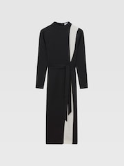 Reiss Black/White Millie Petite Contrast Stripe Belted Midi Dress - Image 2 of 6