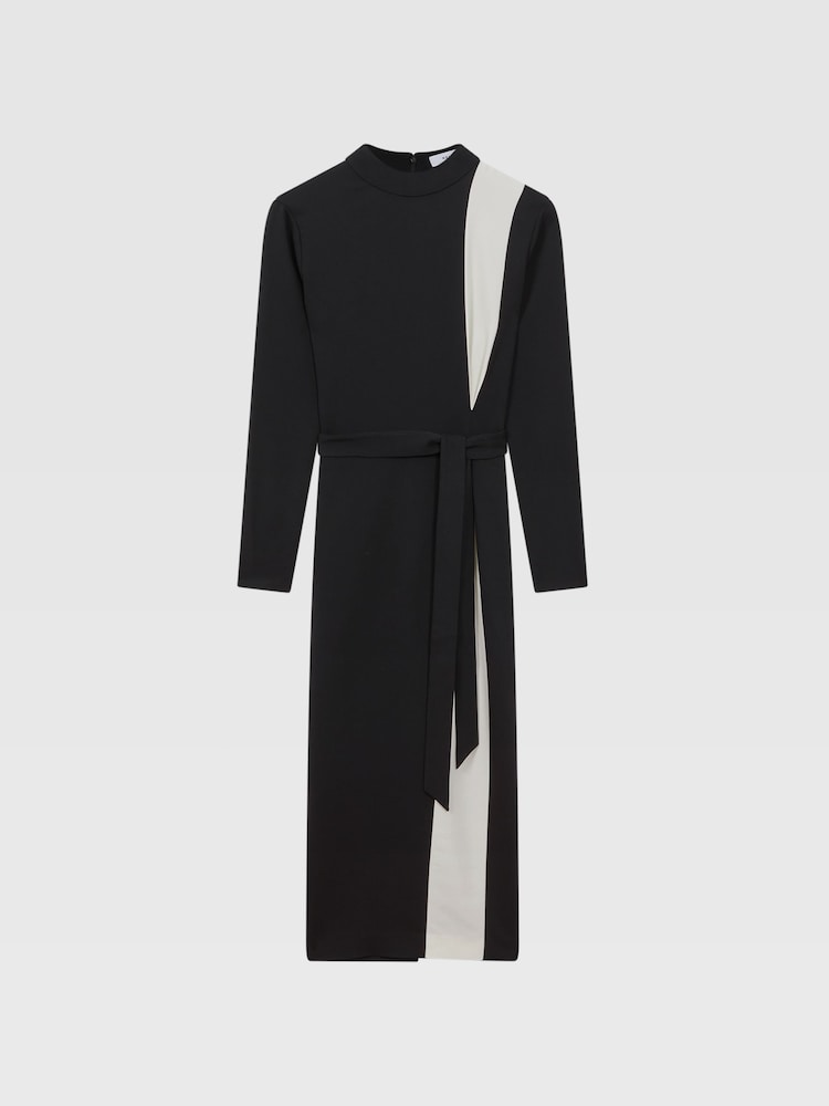 Reiss Black/White Millie Petite Contrast Stripe Belted Midi Dress - Image 2 of 6