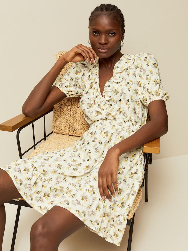 Ecru Floral Print Mini Short Sleeve Frill Dress - Image 1 of 7