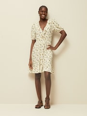 Ecru Floral Print Mini Short Sleeve Frill Dress - Image 2 of 7
