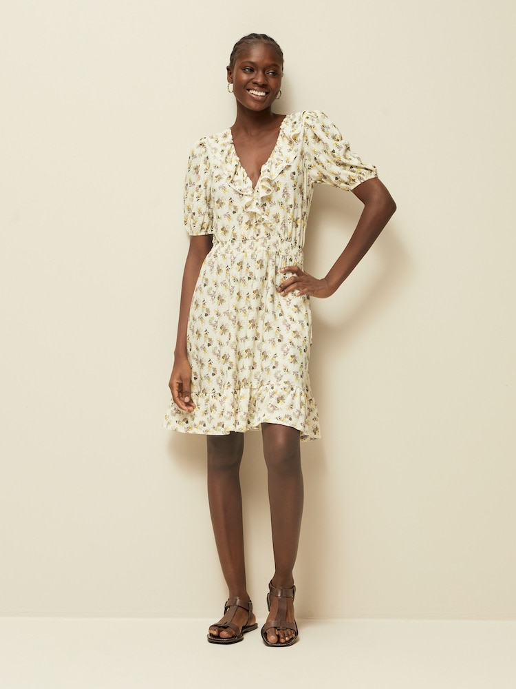 Ecru Floral Print Mini Short Sleeve Frill Dress - Image 2 of 7