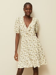 Ecru Floral Print Mini Short Sleeve Frill Dress - Image 3 of 7