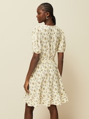 Ecru Floral Print Mini Short Sleeve Frill Dress - Image 4 of 7