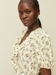 Ecru Floral Print Mini Short Sleeve Frill Dress - Image 5 of 7
