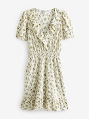 Ecru Floral Print Mini Short Sleeve Frill Dress - Image 6 of 7