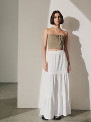 White Textured Maxi Skirt With Crochet Trim - Image 1 of 7