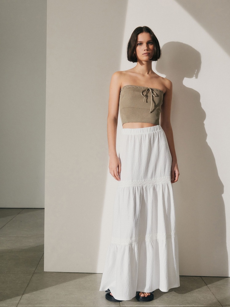 White Textured Maxi Skirt With Crochet Trim - Image 1 of 7