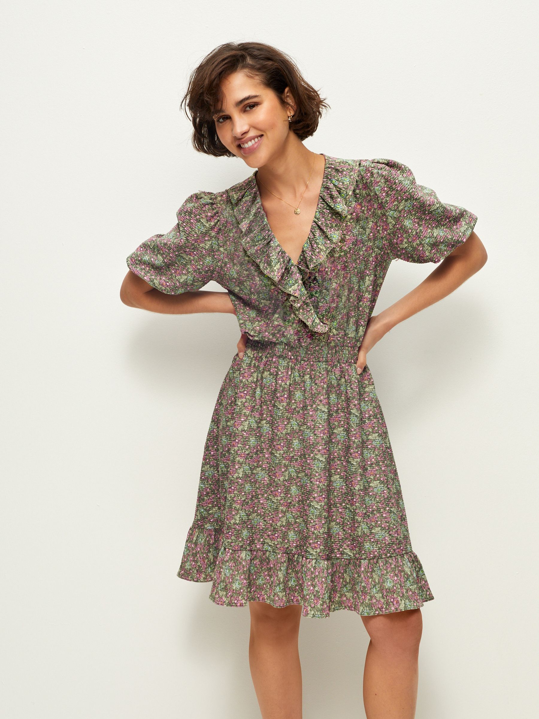 Buy Khaki Green Floral Print Mini Short Sleeve Frill Dress from Next Luxembourg