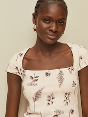 Ecru Floral Print Square Neck Short Sleeve T-Shirt - Image 1 of 7