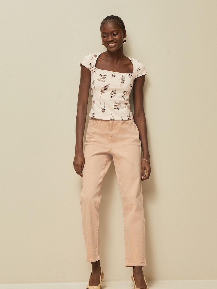 Ecru Floral Print Square Neck Short Sleeve T-Shirt - Image 2 of 7