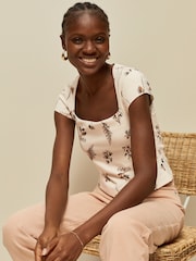Ecru Floral Print Square Neck Short Sleeve T-Shirt - Image 3 of 7