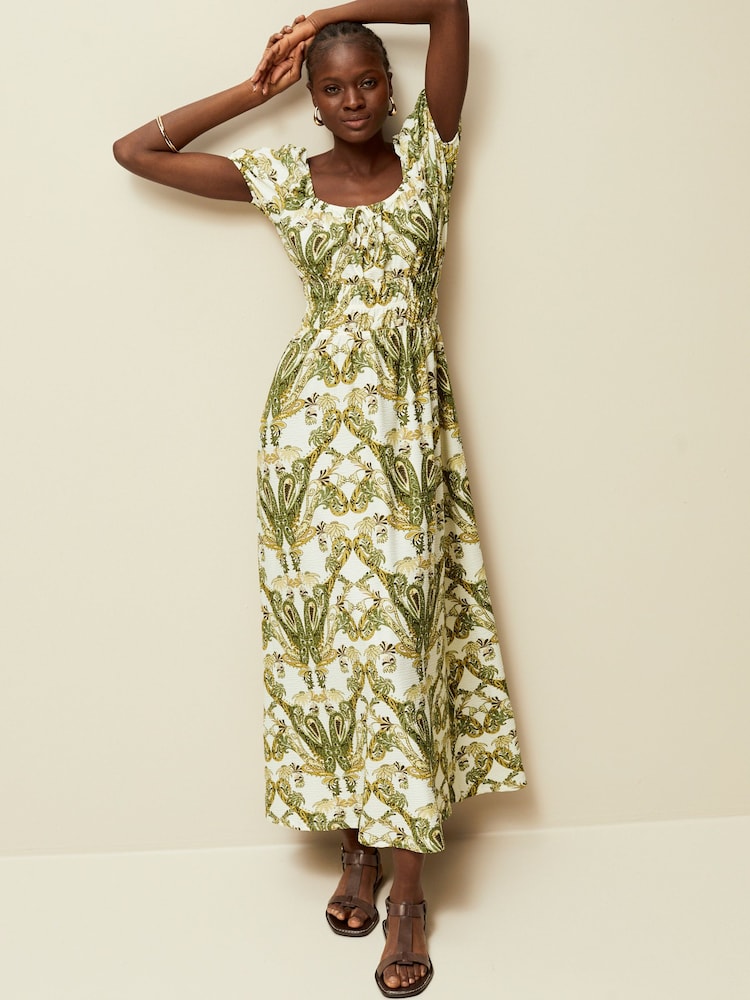 Ecru Paisley Print Puff Short Sleeve Shirred Midi Dress - Image 1 of 7