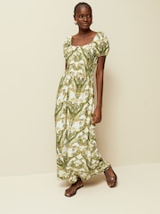 Ecru Paisley Print Puff Short Sleeve Shirred Midi Dress - Image 2 of 7