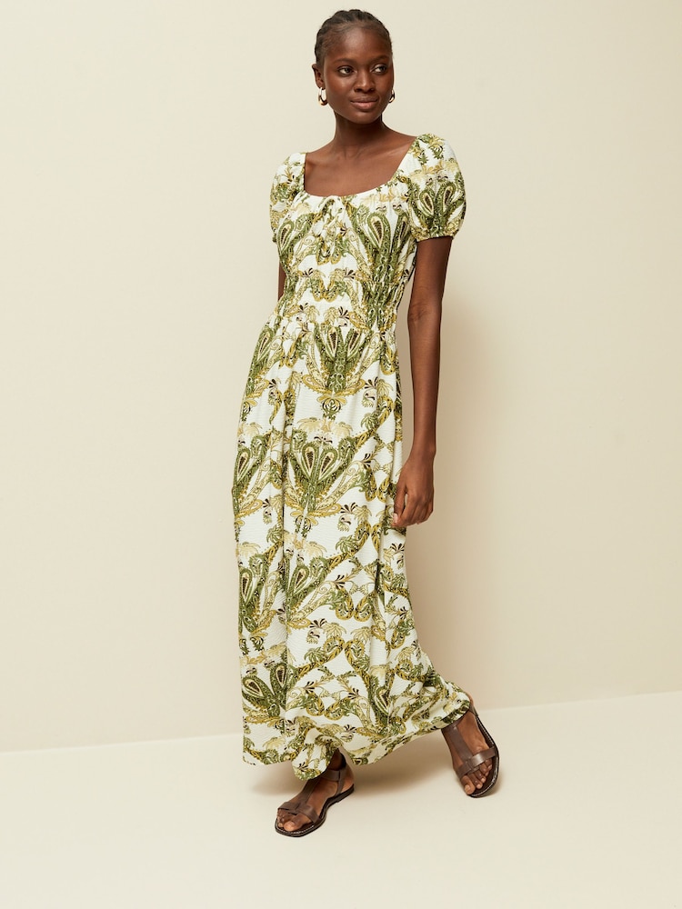 Ecru Paisley Print Puff Short Sleeve Shirred Midi Dress - Image 2 of 7