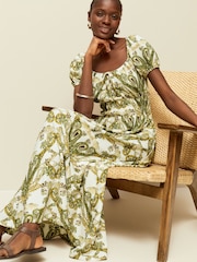 Ecru Paisley Print Puff Short Sleeve Shirred Midi Dress - Image 3 of 7