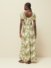 Ecru Paisley Print Puff Short Sleeve Shirred Midi Dress - Image 4 of 7