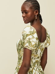 Ecru Paisley Print Puff Short Sleeve Shirred Midi Dress - Image 5 of 7