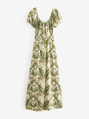 Ecru Paisley Print Puff Short Sleeve Shirred Midi Dress - Image 6 of 7