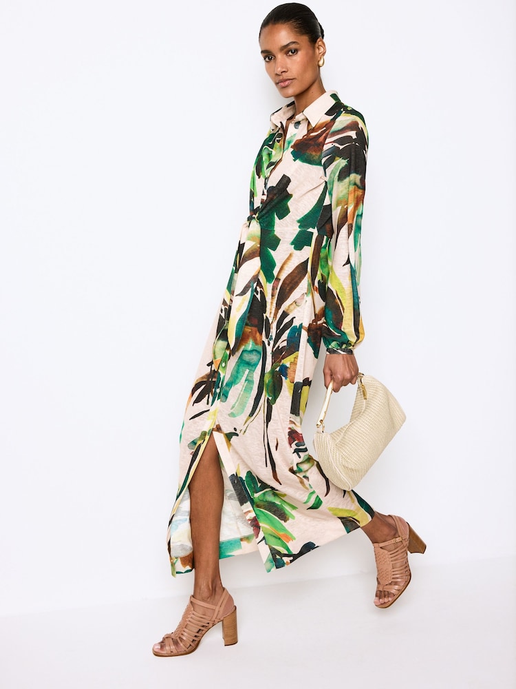 Palmen-Print in Ecru - Midi-Hemdkleid - Bild 1 von 6 Palmen-Print in Ecru - Midi-Hemdkleid - Bild 1 von 6