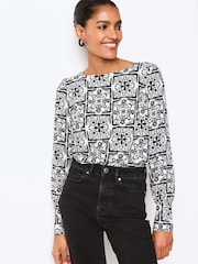 Monochrome Tile Long Sleeve Crew Neck Cuff Blouse - Image 1 of 6