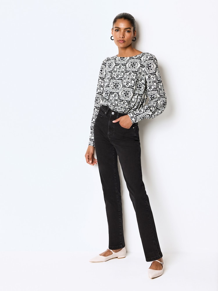 Monochrome Tile Long Sleeve Crew Neck Cuff Blouse - Image 2 of 6