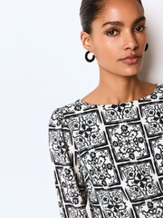 Monochrome Tile Long Sleeve Crew Neck Cuff Blouse - Image 3 of 6