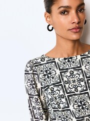 Monochrome Tile Long Sleeve Crew Neck Cuff Blouse - Image 4 of 6