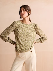 Sage Green Floral Long Sleeve Crew Neck Cuff Blouse - Image 1 of 6