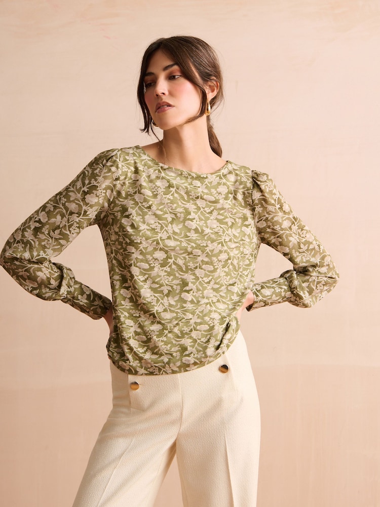 Sage Green Floral Long Sleeve Crew Neck Cuff Blouse - Image 1 of 6