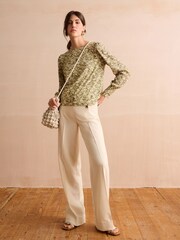 Sage Green Floral Long Sleeve Crew Neck Cuff Blouse - Image 2 of 6