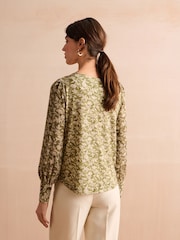 Sage Green Floral Long Sleeve Crew Neck Cuff Blouse - Image 3 of 6