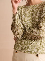Sage Green Floral Long Sleeve Crew Neck Cuff Blouse - Image 4 of 6